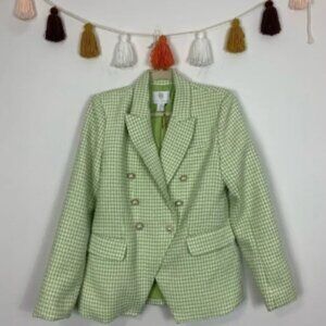 NWT House of Harlow 1960 Green White Tweed Double Breasted Blazer Size Medium